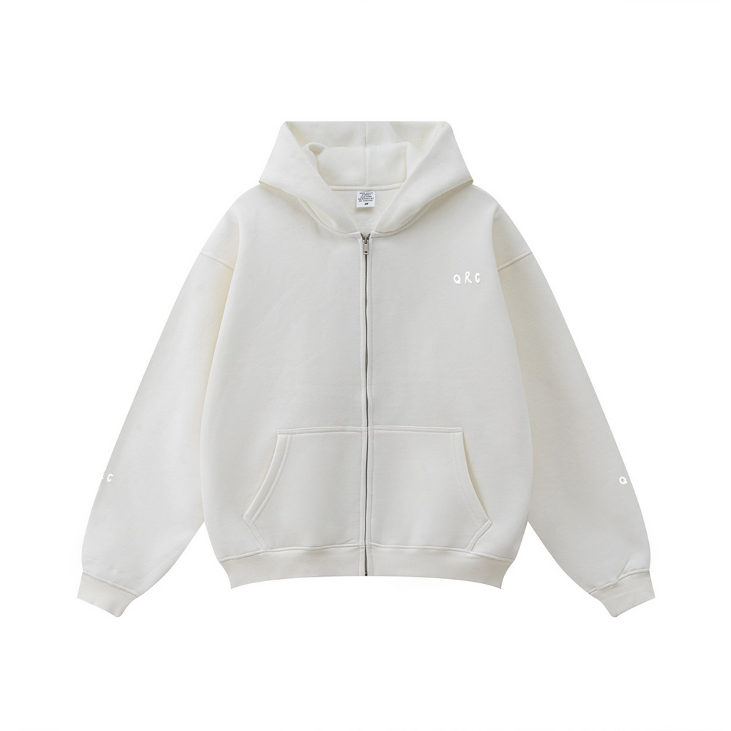 345GSM Solid Color Zip-Up Hoodie – Unisex Full-Zip, Cozy Fleece Interior White