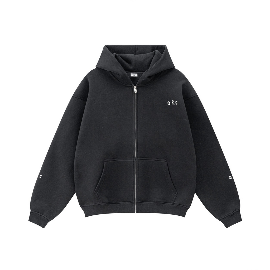 345GSM Solid Color Zip-Up Hoodie – Unisex Full-Zip, Cozy Fleece Interior Black
