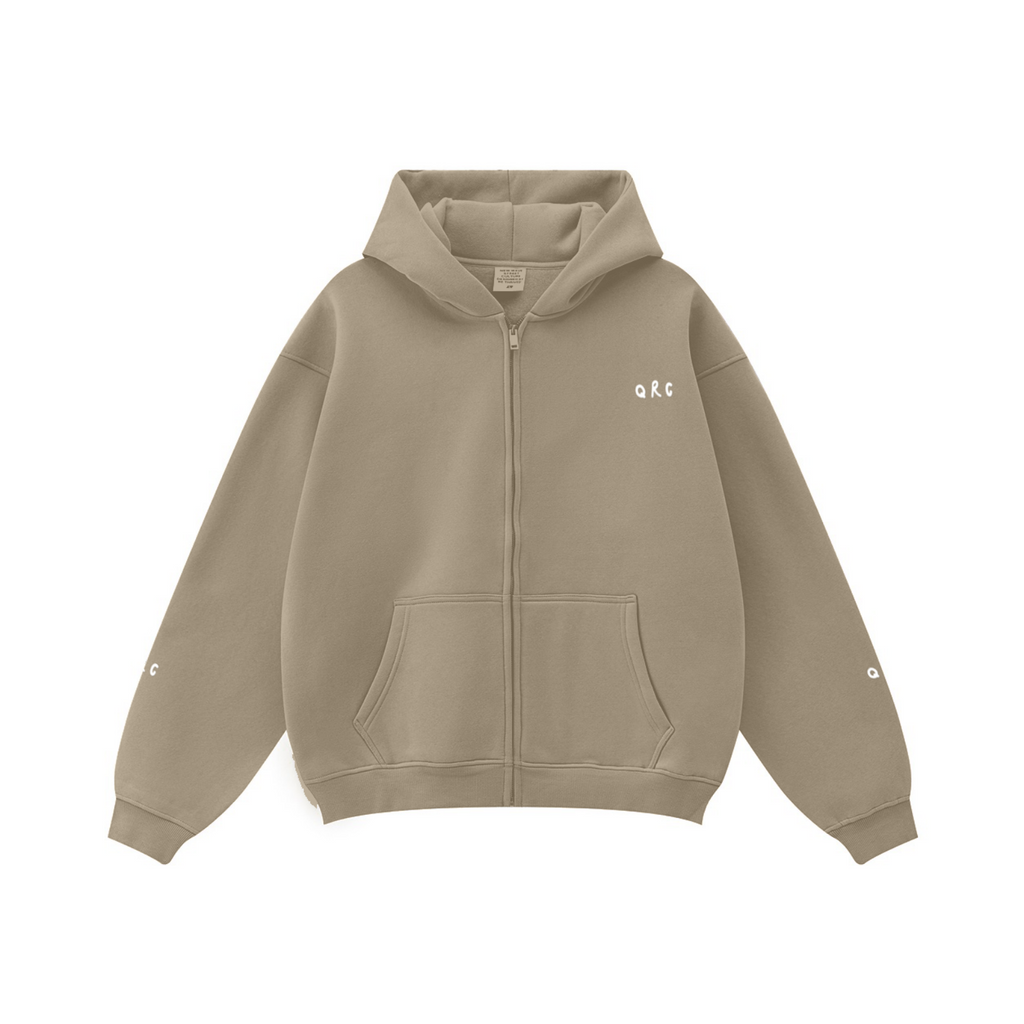 345GSM Solid Color Zip-Up Hoodie – Unisex Full-Zip, Cozy Fleece Interior Sand Dune