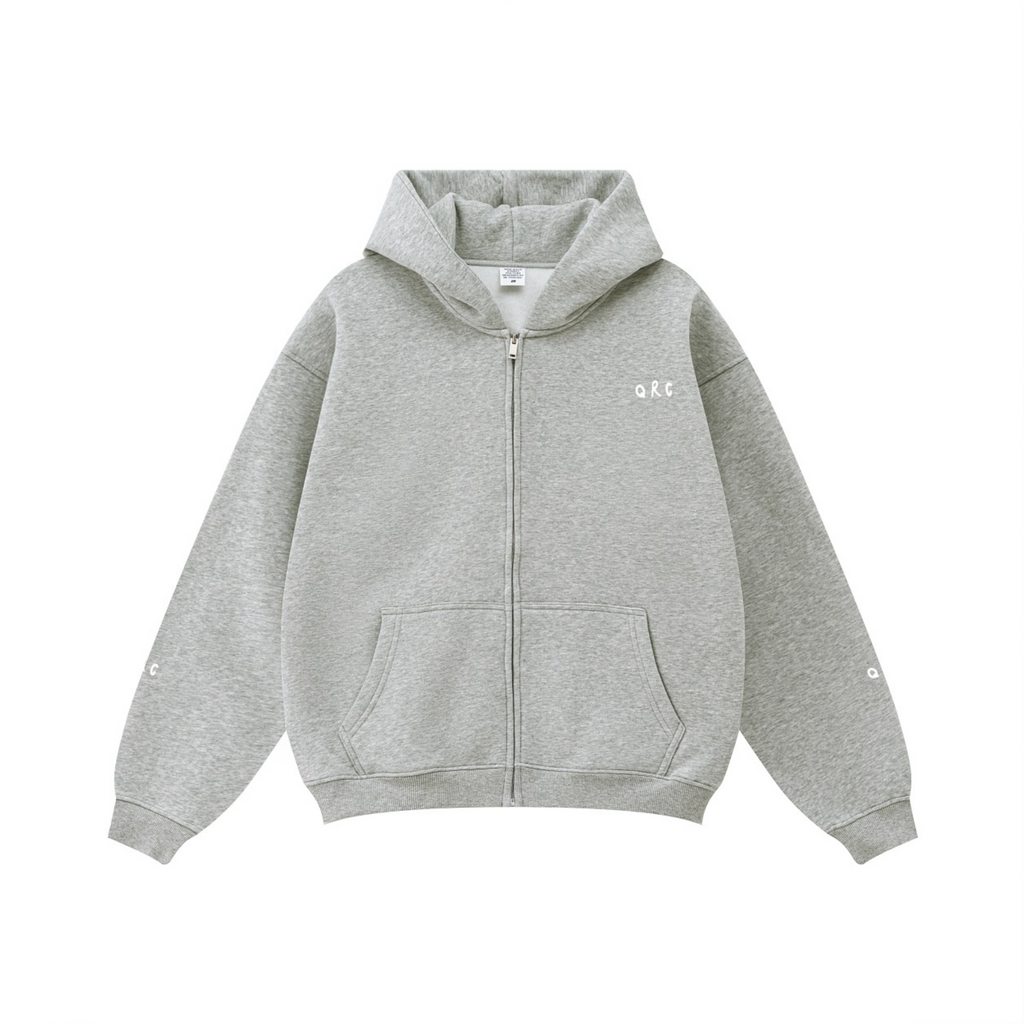 345GSM Solid Color Zip-Up Hoodie – Unisex Full-Zip, Cozy Fleece Interior Ash Heather
