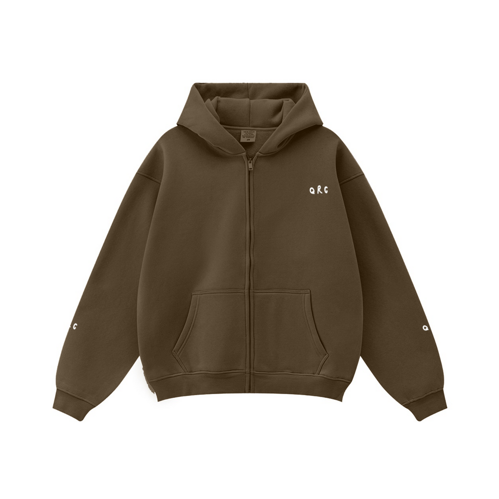 345GSM Solid Color Zip-Up Hoodie – Unisex Full-Zip, Cozy Fleece Interior Coffee Brown